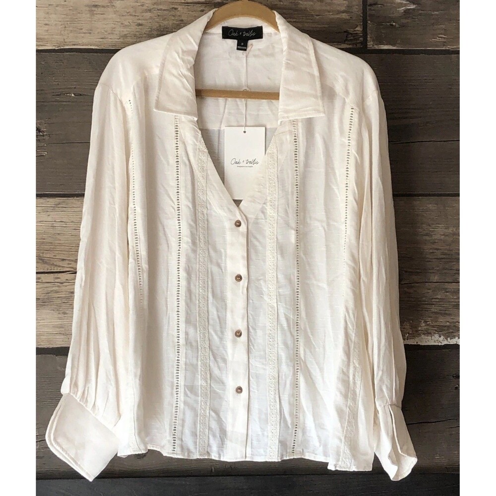 Oak & Trellis Boho Blouse Women’s Plus 2X NWT Ivory Lace Rayon Button Collar Top